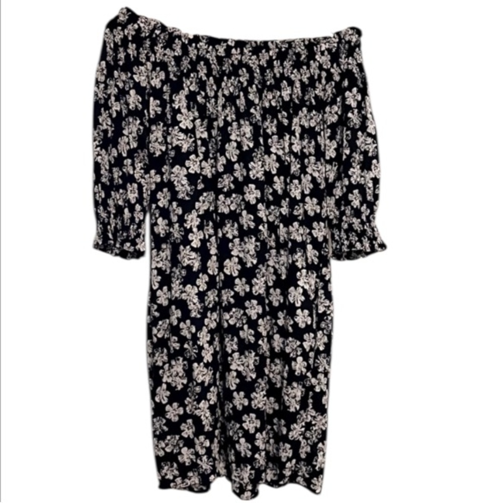 11.1.TYLHO Anthropologie Black White Floral Puff Sleeve Loose Peasant Mini Dress